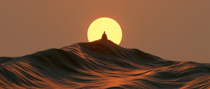 Silhouetted figure on rippling dunes beneath a glowing sunset