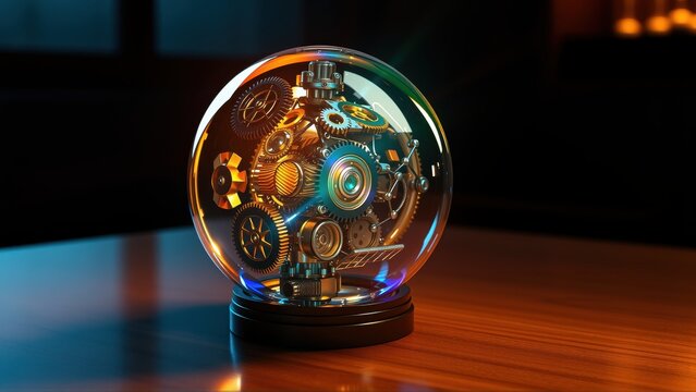 Intricate clockwork mechanism encased within glass sphere. Warm lighting highlights metallic details, creating futuristic aesthetic. Reflective surface adds depth.