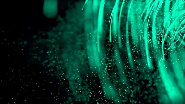 Abstract Neon Green Fiber Optic Light Trails with Digital Particles on Dark Background