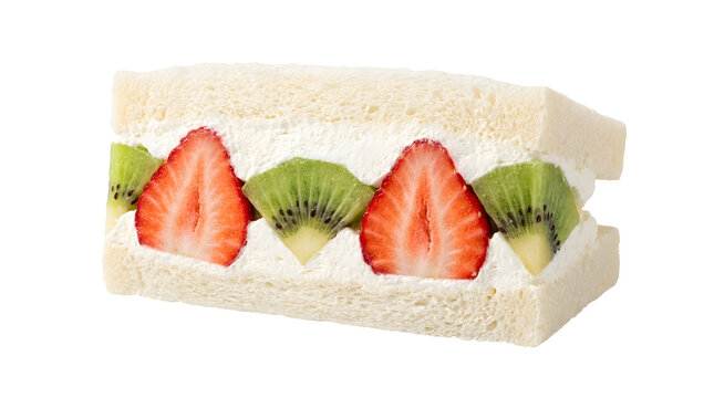 Side view of Japanese fruit sando sandwich filled with fluffy sweet whipped cream, fresh red strawberry slices, and green kiwi isolated on transparent background. 