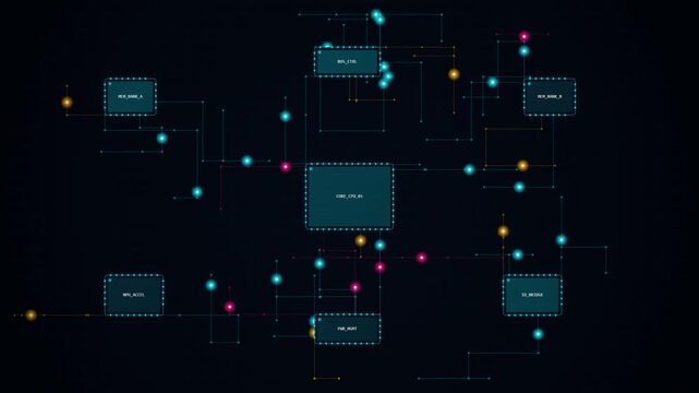 Abstract digital circuit board schematic with glowing nodes and connections