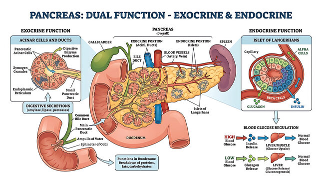 Anatomical diagram of the human pancreas showing exocrine and endocrine functions and blood glucose regulation