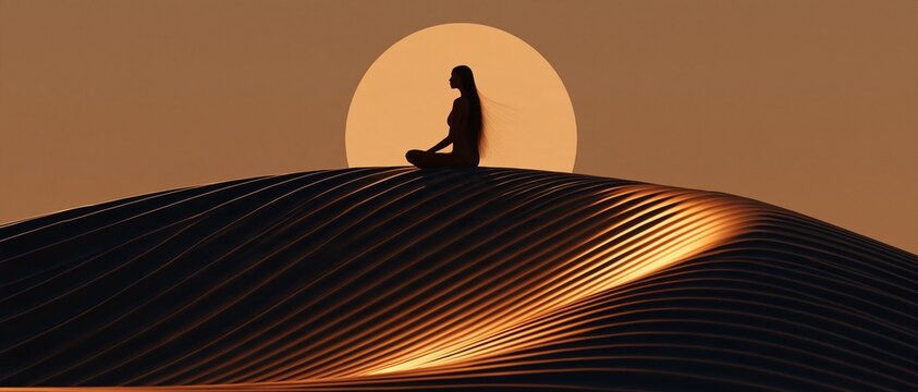 Meditating silhouette before a glowing sun over abstract waves