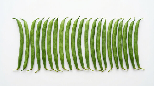 Fresh raw green string beans or haricot verts arranged neatly in a row on a clean white background, top view flat lay healthy organic vegetable photography