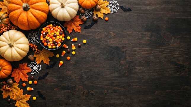 horizontal autumn and Halloween flat-lay with pumpkins, candy, and festive decorations on black background. ample space for text or messaging