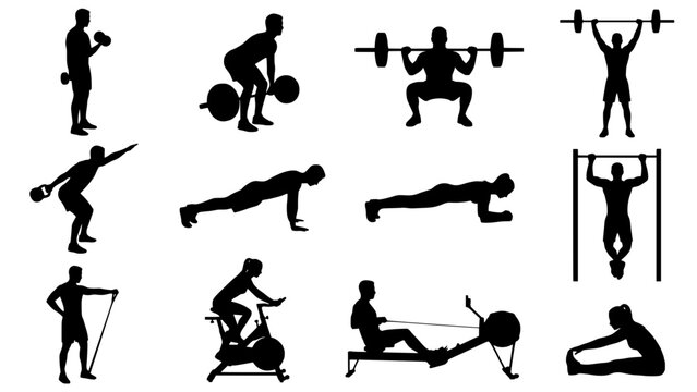 People fitness and workout exercise silhouette icons set with exercise training silhouette bodybuilding strength physical activity lifestyle