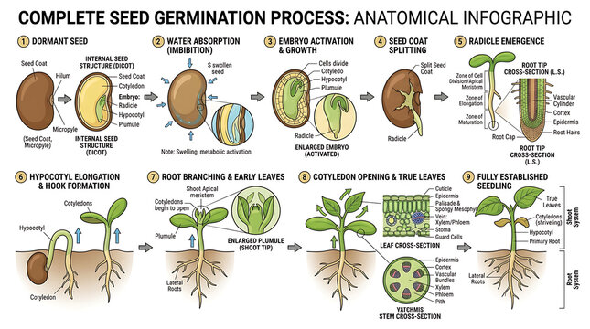 Detailed botanical diagram illustrating the step-by-step biological process of seed germination from dormancy to seedling growth