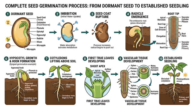 Detailed biological diagram illustrating the complete process of plant seed germination from dormancy to an established seedling