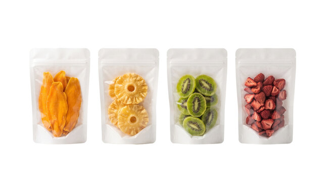 Dehydrated fruit snacks in white stand-up pouches, four packs of dried mango, pineapple, kiwi and strawberry, healthy organic food product packaging isolated PNG with Transparent Background