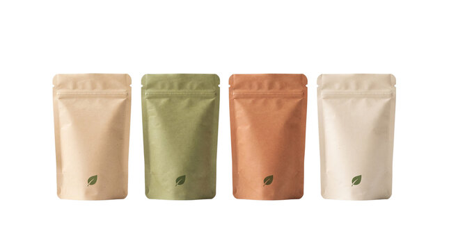 Eco-friendly paper pouch packaging set, organic food stand-up pouches in earth tones, 4 sustainable doy-pack bags for tea and coffee isolated PNG with Transparent Background