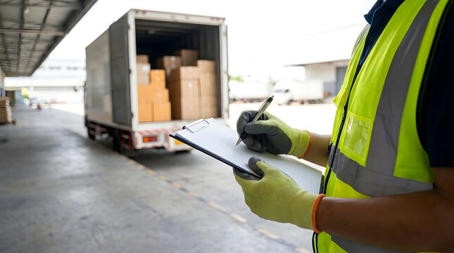 Logistics worker in yellow vest writing on clipboard while checking cargo inside truck.