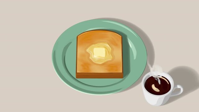 Butter melting on toast with hot coffee, beige background, copy space