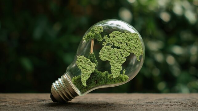 Light bulb save the planet - green map and forest ecology icon