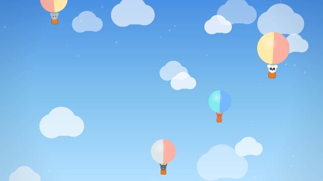 Cute animal hot air balloons floating in a blue sky with clouds