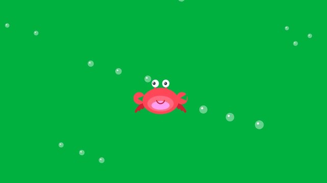 Cute cartoon crab with bubbles on green background