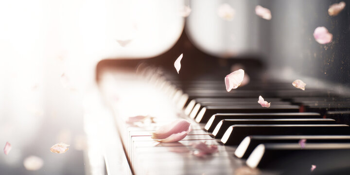 Piano keys catching soft light, with delicate pink petals gently falling and resting on the musical instrument