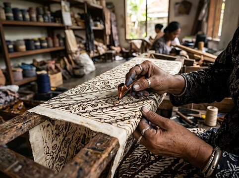 close up of artisan creating a traditional Indonesian textile pattern, hands working carefully with fabric, authentic workshop, macro photography