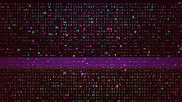 Digital code binary data stream background with colorful glitches