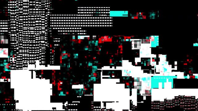 Broken signal transition with glitchy error blocks and a stuttering stop motion effect