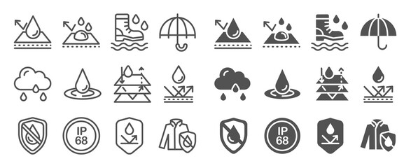 Fototapeta premium Set of round icons with water-resistant pictograms. Vector illustration of moisture shield symbol with cloud and rain drops for fabric, rain gear, and weather-resistant surfaces, protection level sign