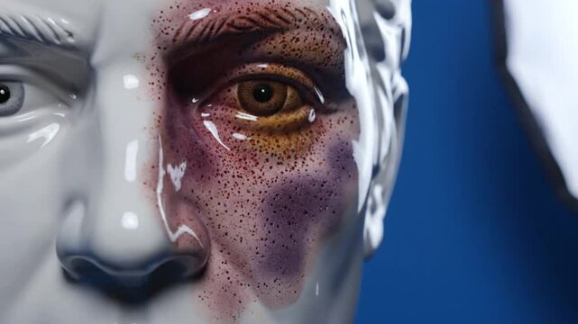 Closeup Ceramic Bust Featuring a Human Face with a Black Eye and Bruising for Emotional Expression and Artistic Impact
