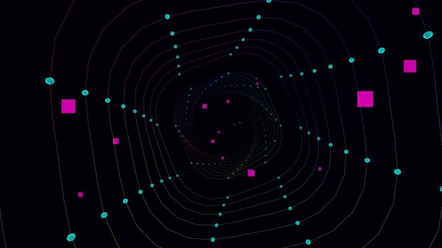 Geometric tunnel background with glowing dots and squares