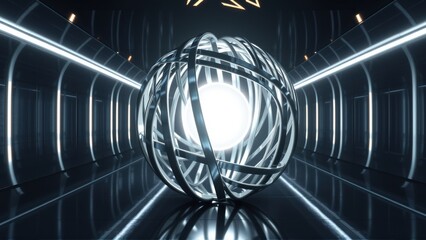 Fototapeta premium Futuristic tunnel contains glowing sphere, metallic cage structure. Reflections dominate dark, sleek environment. Minimalist design.