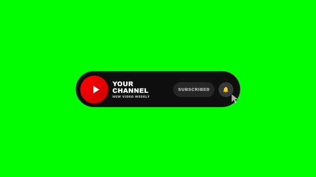 High contrast 4K animated YouTube subscribe button bar with cursor click, subscribed checkmark state change, and ringing bell notification on chroma key green screen.