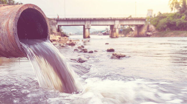 Polluted industrial waste pouring from a pipe into a river, highlighting environmental pollution and the impact on water resources