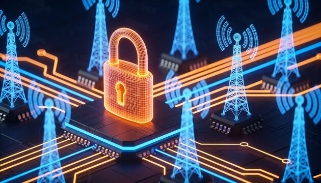 Secure 5G network concept: isometric telecom towers in neon blue wireframe, cyber orange padlock glowing at center, circuit pathways connecting nodes, dark navy cybersecurity illustration