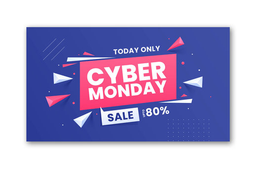 Editable Cyber Monday Sale TV Ads Banner with Up to 80 Percent Off on Blue Background.