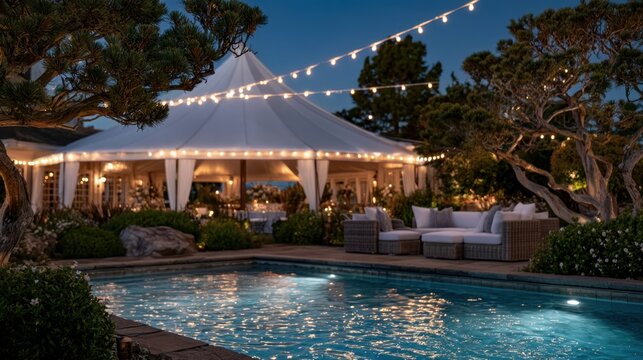Outdoor event tent glowing beside illuminated swimming pool