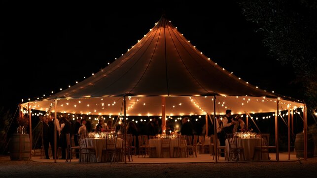 Event tent illuminated hosting guests on lawn at night