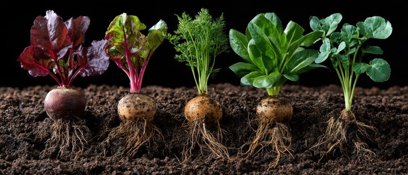 Root vegetables with exposed roots in dark garden soil