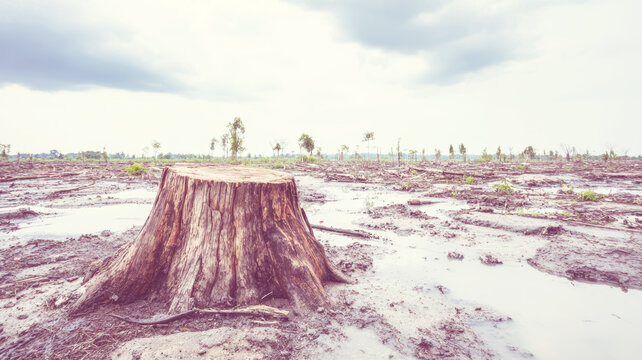 Tree stump on a deforested landscape, illustrating environmental destruction, climate change, and global warming impact