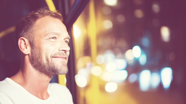 Mature man smiling, enjoying night journey on public transport, watching urban city lights blur past