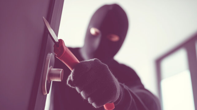 Masked intruder wearing a balaclava and gloves prying open a house door with a crowbar, security risk