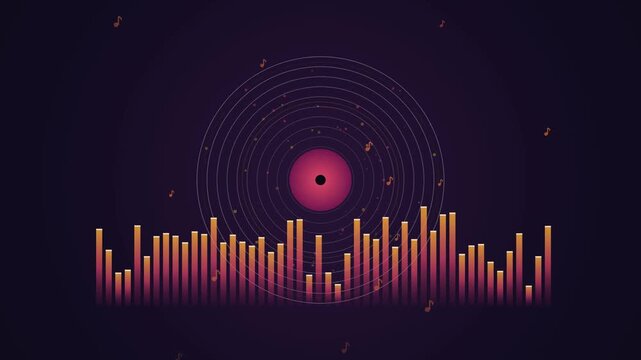 Retro vinyl record with equalizer and music notes background