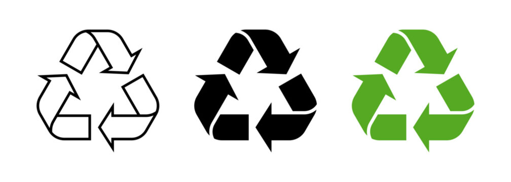 Recycle symbol icons on transparent background, PNG, SVG. Recycle vector logo with flat green, solid black and black outline.