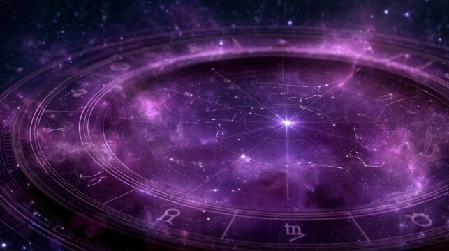 Zodiac disc glowing purple with starry astral background