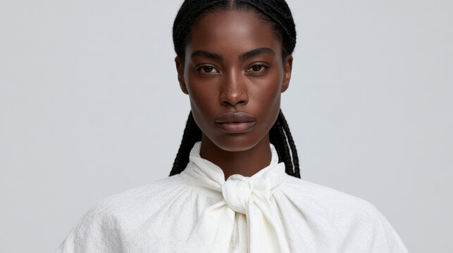 Black woman maintaining neutral expression in studio portrait