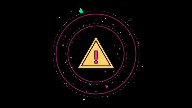 Warning sign with geometric glowing circles and particles on dark background