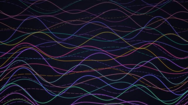 Wavy lines background with glowing particles and dashed lines