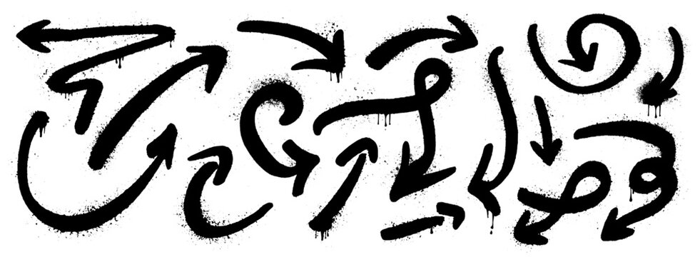 Bold graffiti arrows with paint drips and spray textures. Urban street art elements in black ink style with grungy brushstrokes and splatter effects. Hand drawn vector isolated on white background
