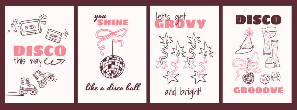 Retro disco party posters with groovy doodles. Vintage music cards and whimsical party elements on dark background. Nostalgic illustration vector set with dancing vibes and celebration decor.