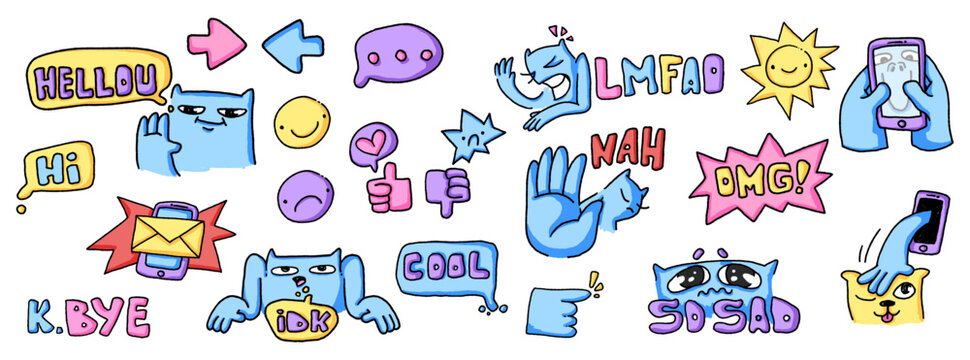 Colorful hand-drawn media stickers with doodles maile, arrows and speech bubbles. Trendy social network symbols with cat for youth communication and online messaging designs. Isolated cool vector set