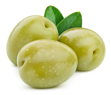 Fresh three green olives with leaves isolated on white background with clipping path. Ripe green olive branch for packaging design. Full depth of field