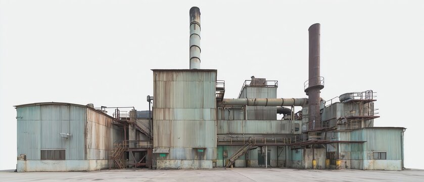 Rusty industrial building with smoking chimney.