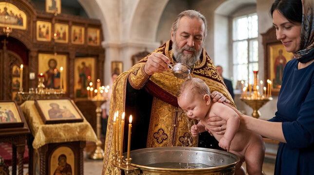 Orthodox priest performing baptism ceremony with infant in holy water. The priest blesses the newborn as mother supports child during sacred moment. Concept orthodox baptism for religious traditions.