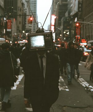 Person with television head walking through busy urban street, symbolizing information overload and media influence